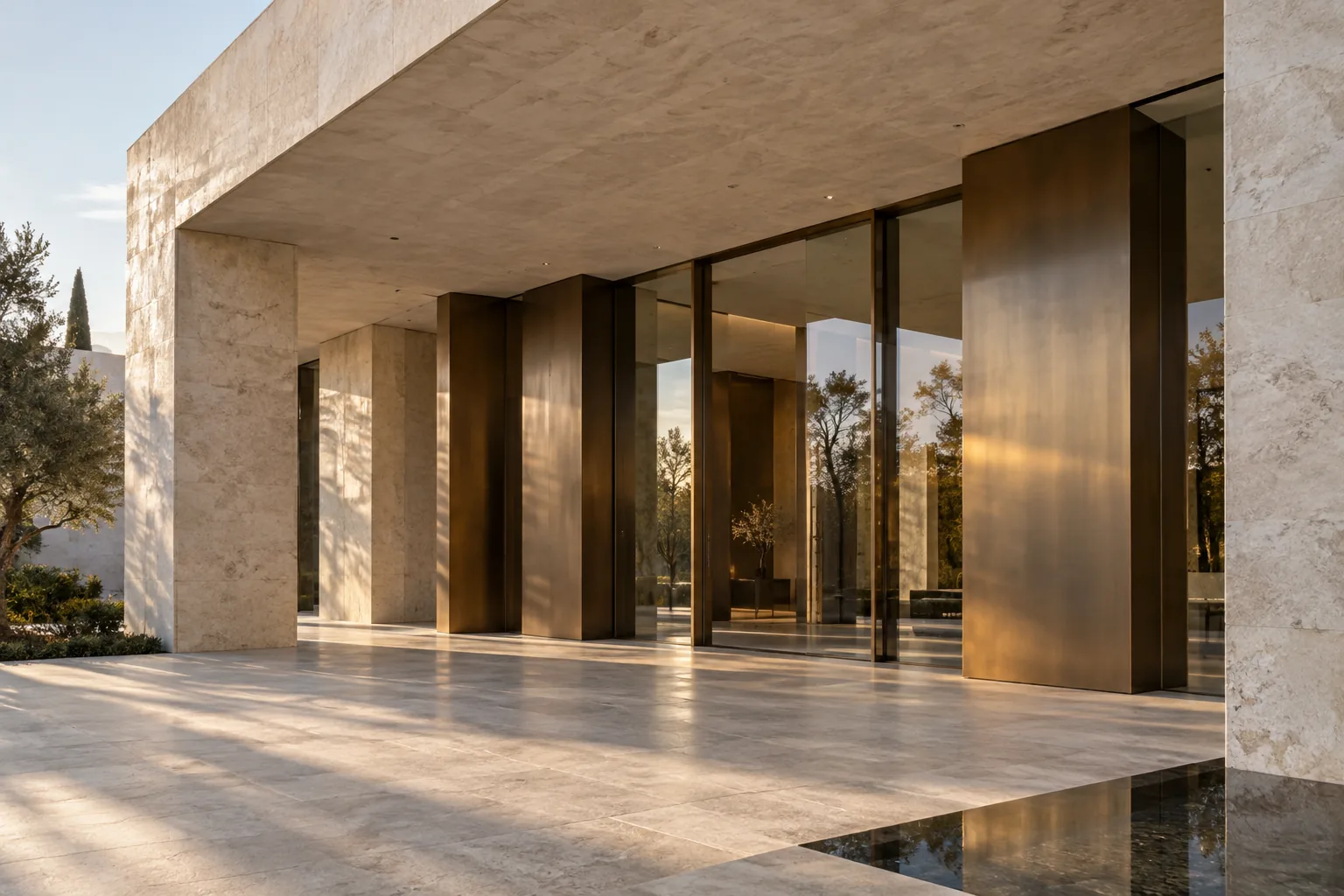 Bronze-framed glass entrance beneath a broad limestone canopy
