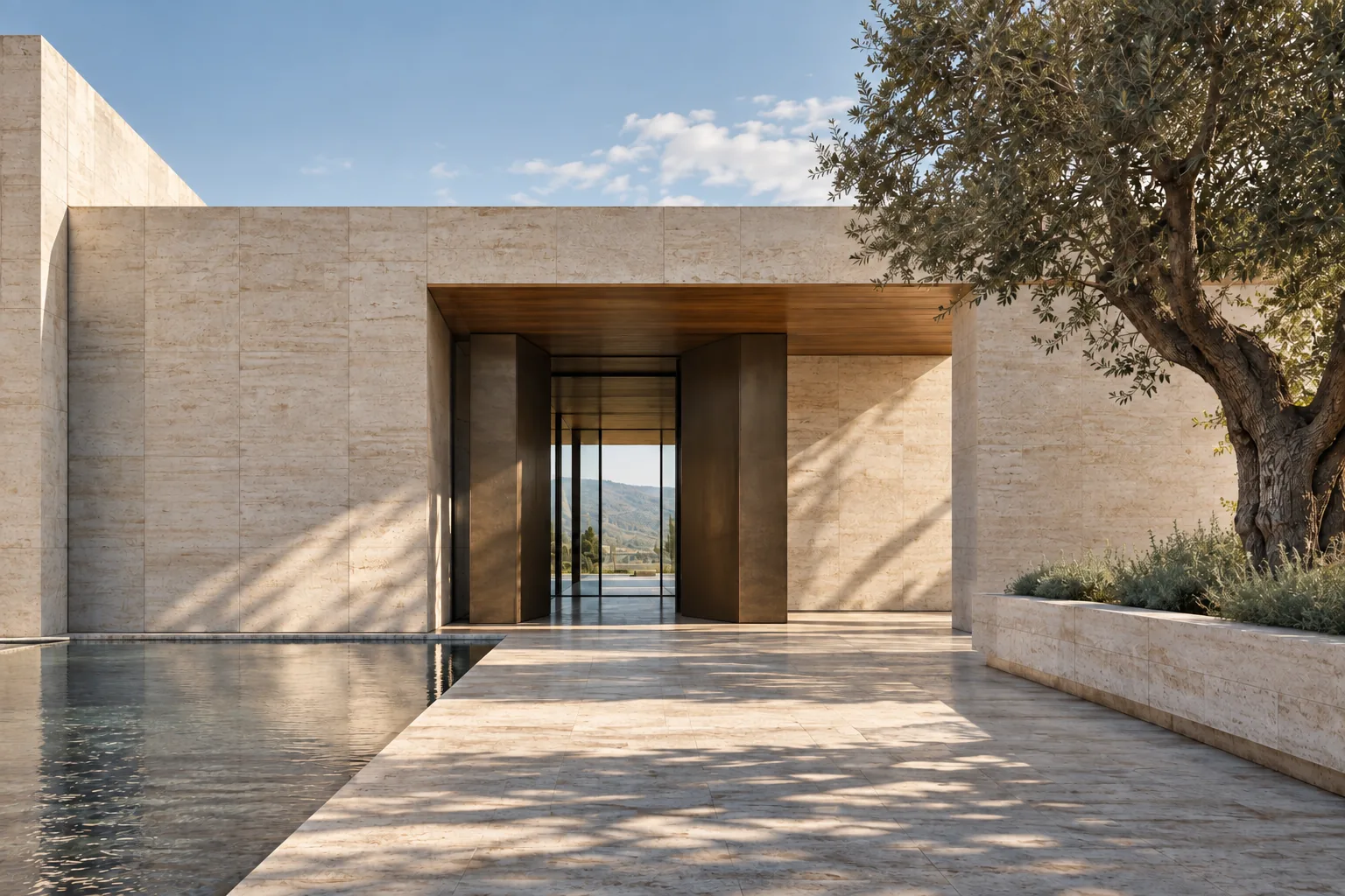 Travertine entrance across a shaded courtyard and reflecting pool
