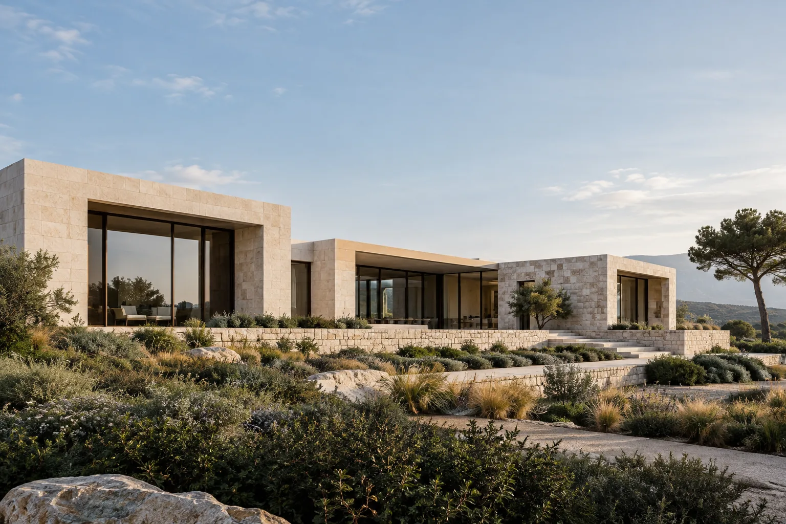 Connected pale stone building volumes across a landscaped site