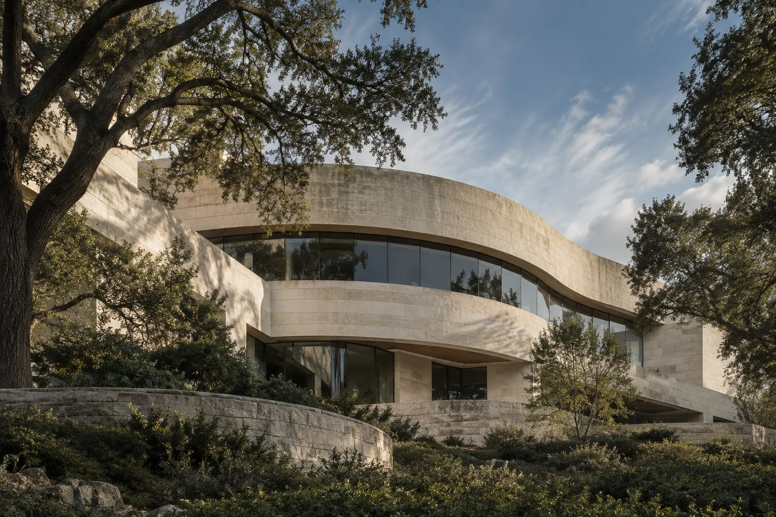 Curved limestone facade framed by mature trees
