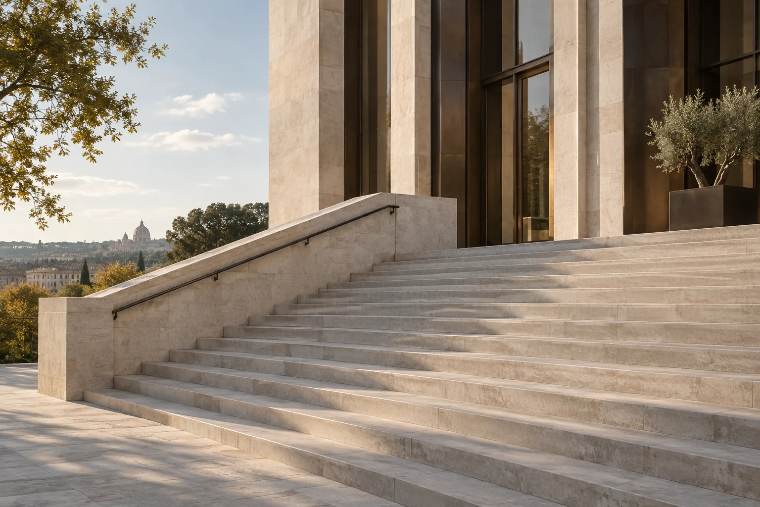 Broad limestone steps rising beside a bronze and glass facade