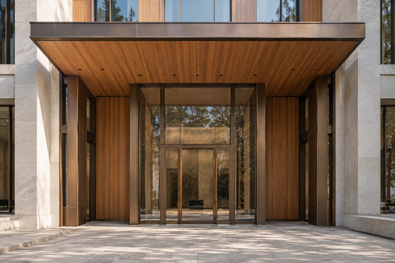A recessed bronze-and-glass entrance beneath a broad timber-lined canopy