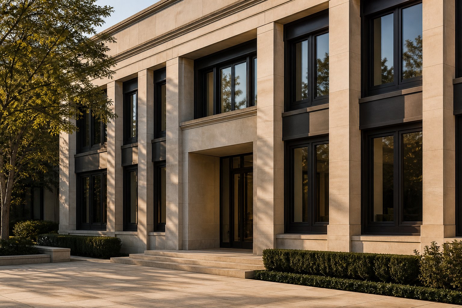 A carefully proportioned stone building with tall windows and a recessed entrance