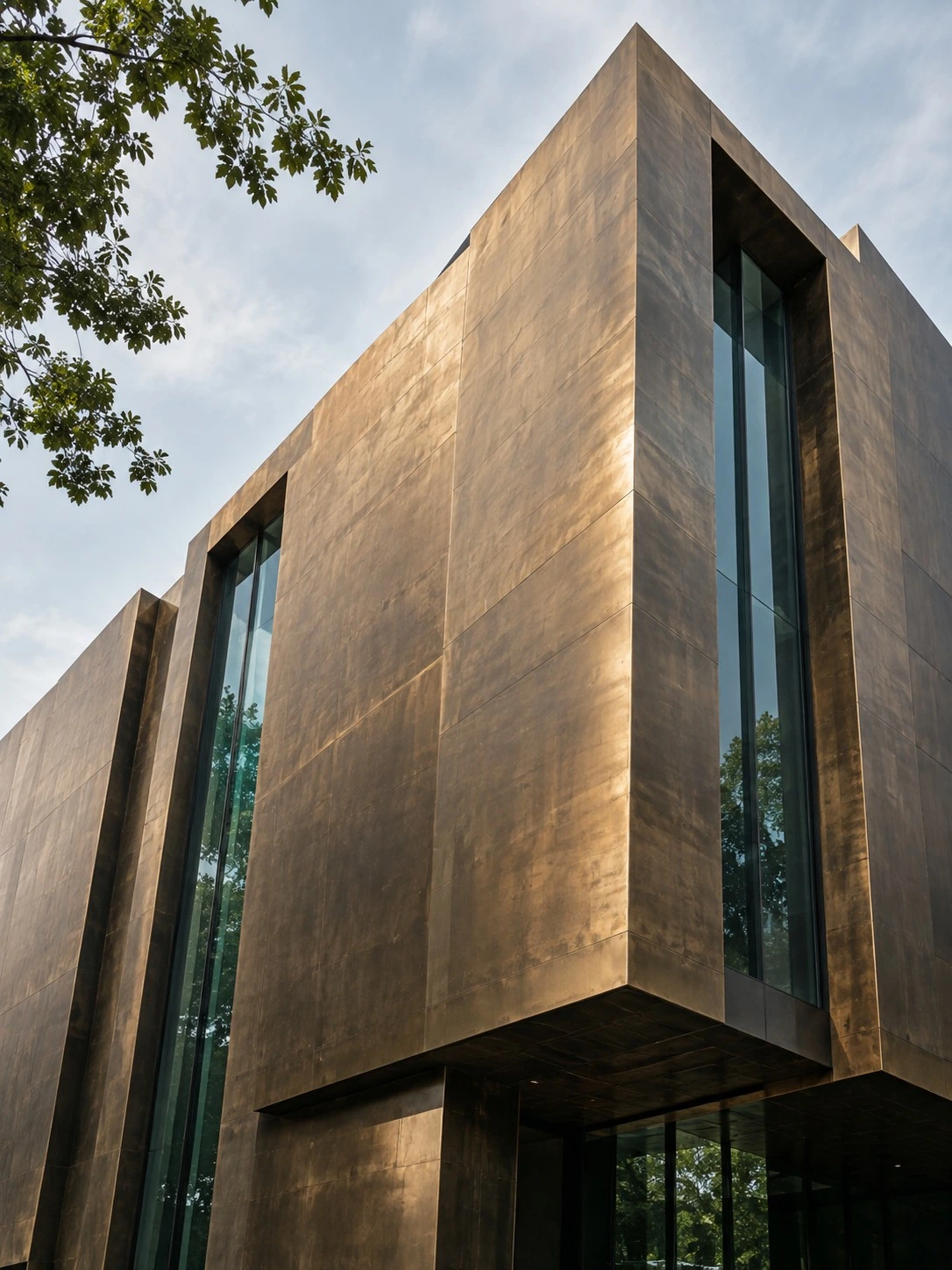 A tall bronze-clad building framed by leafy branches, with deep recessed glazing and soft morning light